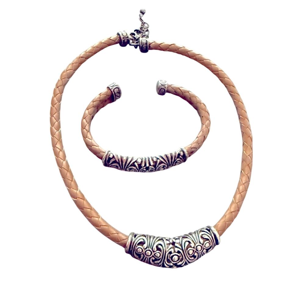 Joseph Esposito ESPO 925 Sterling Silver Braided Leather Necklace & Bracelet SET